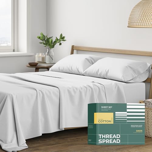THREAD SPREAD 100% Organic Cotton Sheets King Size - 4 PC Organic Cotton King Size Percale Weave Sheet Set, Soft, Cooling, Crisp & Breathable, 16