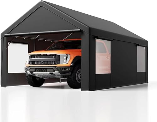 Ezyard Cochera resistente de 12 x 20 pies con ventanas ventiladas enrollables, garaje portátil con paredes laterales extraíbles y puertas para