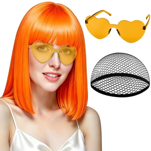 PLULON Orange Bob Wig with Bangs Short Straight Bob Wig with Heart Sunglasses 12 Inch Shoulder Length Heat Resistant Synthetic Hair for Women Natural Look Daily Use Cosplay Halloween Costume Party