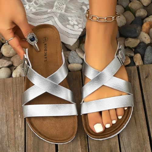 Image of Sandals Women Wide Width, Cork Footbed Arch Support Summer Beach Slide Sandals, Adjustable Strap for Wide Feet