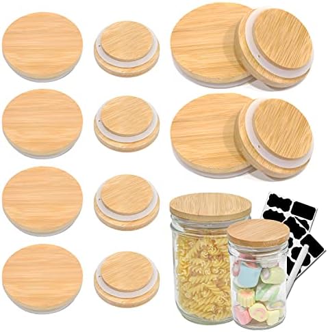 [12 Pack] 6 Regular Mouth & 6 Wide Mouth Bamboo Lids for Mason Jars Storage Canning Jar Lids, Wooden Mason Jar Lids with 20 Labels & Pen