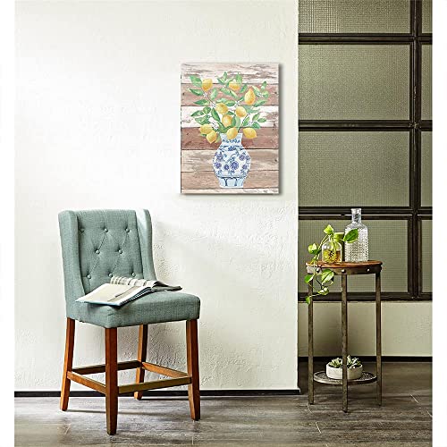 Lemon Wall Art Painting Farmhouse Decor Yellow Fruit White Flower And Green Leaves Branches In Blue And White Porcelain Floral Vase Picture Print For Home Decorative Poster 10X15 Inch #TOP4