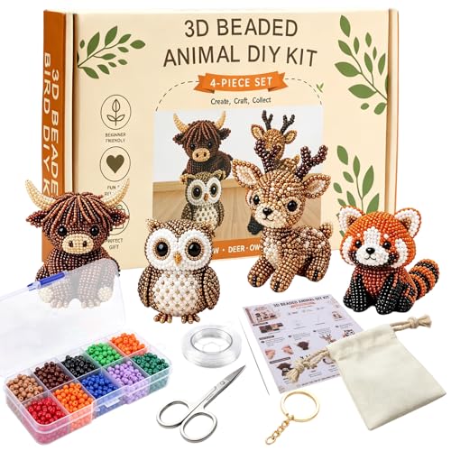 BLOWADM 4Pcs Tiny 3D Beaded Animal DIY Kit Easy DIY Beading Embroidery Kit 3D Animal Themed Beadwork Kit for Beginners & Craft Enthusiasts with Instructions