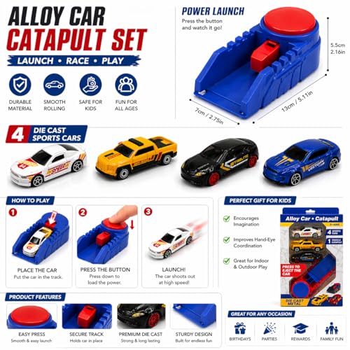 Image of PLUSPOINT Diecast Toy Cars with Catapult Launcher, 4 Pack Alloy Mini Sports Cars Set, Press & Eject Racing Track Toy, Kids Car Toys for Boys & Girls Ages 3+, Gift Playset