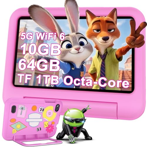 DEERTiME Niños Tablet 7 Pulgadas Android AI, 10GB RAM + 64GB ROM (TF 1TB), WiFi 6, Bluetooth 5.0, 8 Core, 3500mAh, Control Parental, Dual Cámara, GMS, Tabletas para Niños con Funda EVA   Rosa