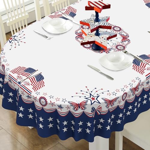 bnhjsdw 4th of July Tablecloth American Flag and Star Table Cloths 60x84 Inch, Red, White and Blue Patriotic Tablecloths for Dining, Kitchen, Picnic and Patio-Oval