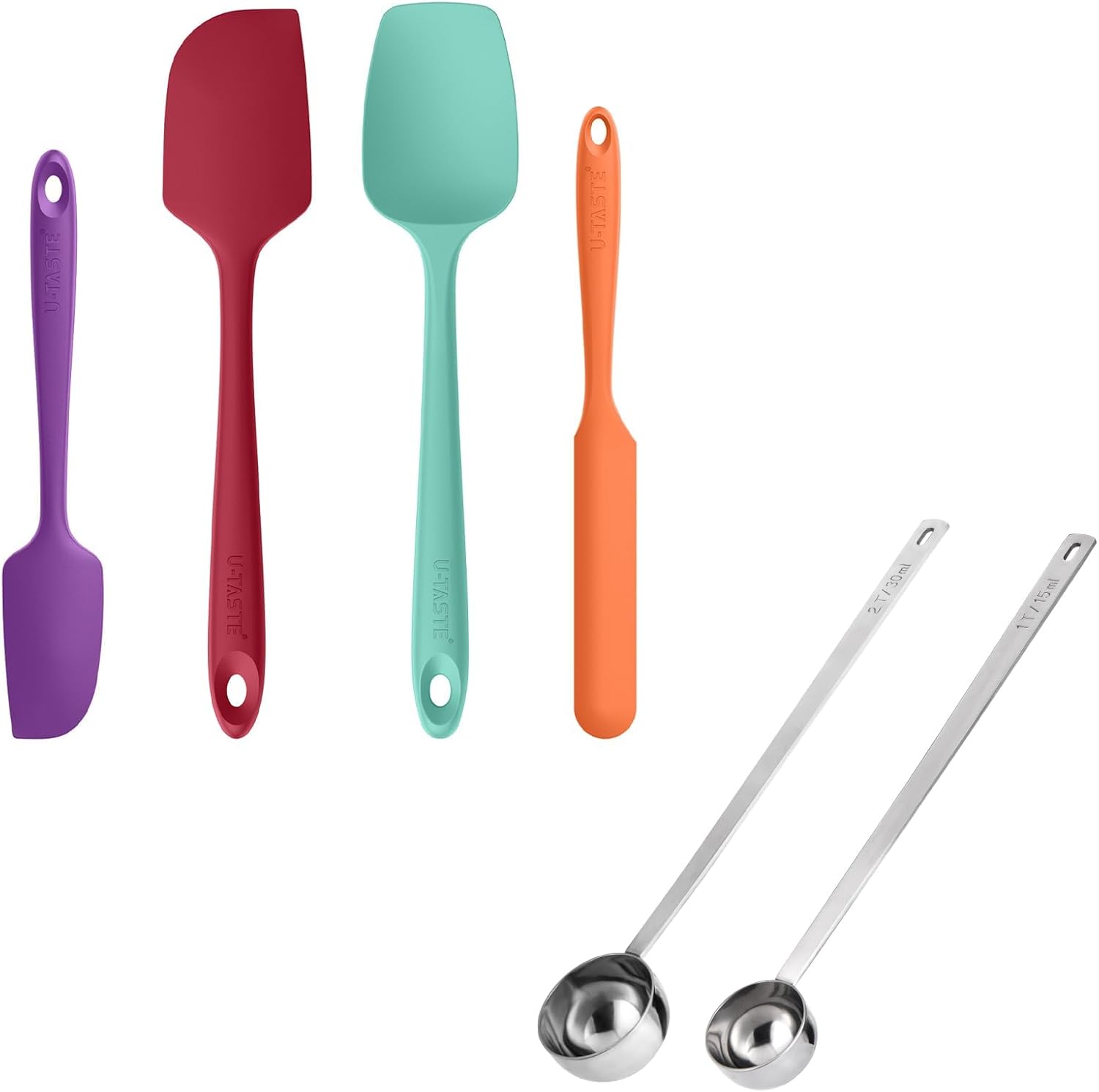 U-Taste 600ºF Heat Resistant BPA Free Silicone Spatula Set of 4 (Multicolor), and 18/8 Stainless Steel 10in Extra Long Coffee Scoop Set of 2, 1&2Tbsp(15&30ml)