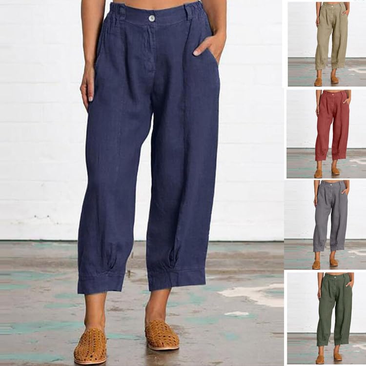 Akivide Womens Linen Baggy Elastic Waist Cropped Pant Loose Casual Comfy Straight Leg Beach Capri Linen Pant with Pockets3