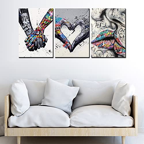 Banksy Graffiti schilderijen, Heart Love, Romantic Kiss, 3-delige prints op canvas, ingelijste woondecoratie, klaar om op te hangen, 105 x 50 cm (b x h) - Afbeelding 5