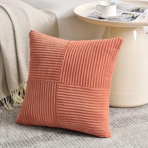 Image of Fancy Homi 2 Packs Coral Decorative Throw Pillow Covers 18x18 Inch for Living Room Couch Bed, Rustic Farmhouse Boho Home Decor, Soft Corss Corduroy Patchwork Textured Peach Cushion Case 45x45 cm
