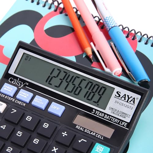 Image of Saya Check and Correct Basic Desktop Calculator with 12-Digit Large Display | Dual Power (Solar & Battery) | Ergonomic Design for Office & School Supplies | GST & Rate Function | 1 Year Warranty