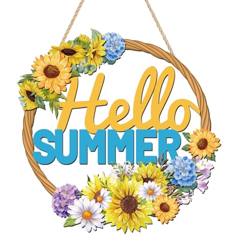 Hello Summer Sign Sunflower Wooden Hanging Door Sign for for Front Door Decoration Home Wall Garden Farmhouse Yard Decor