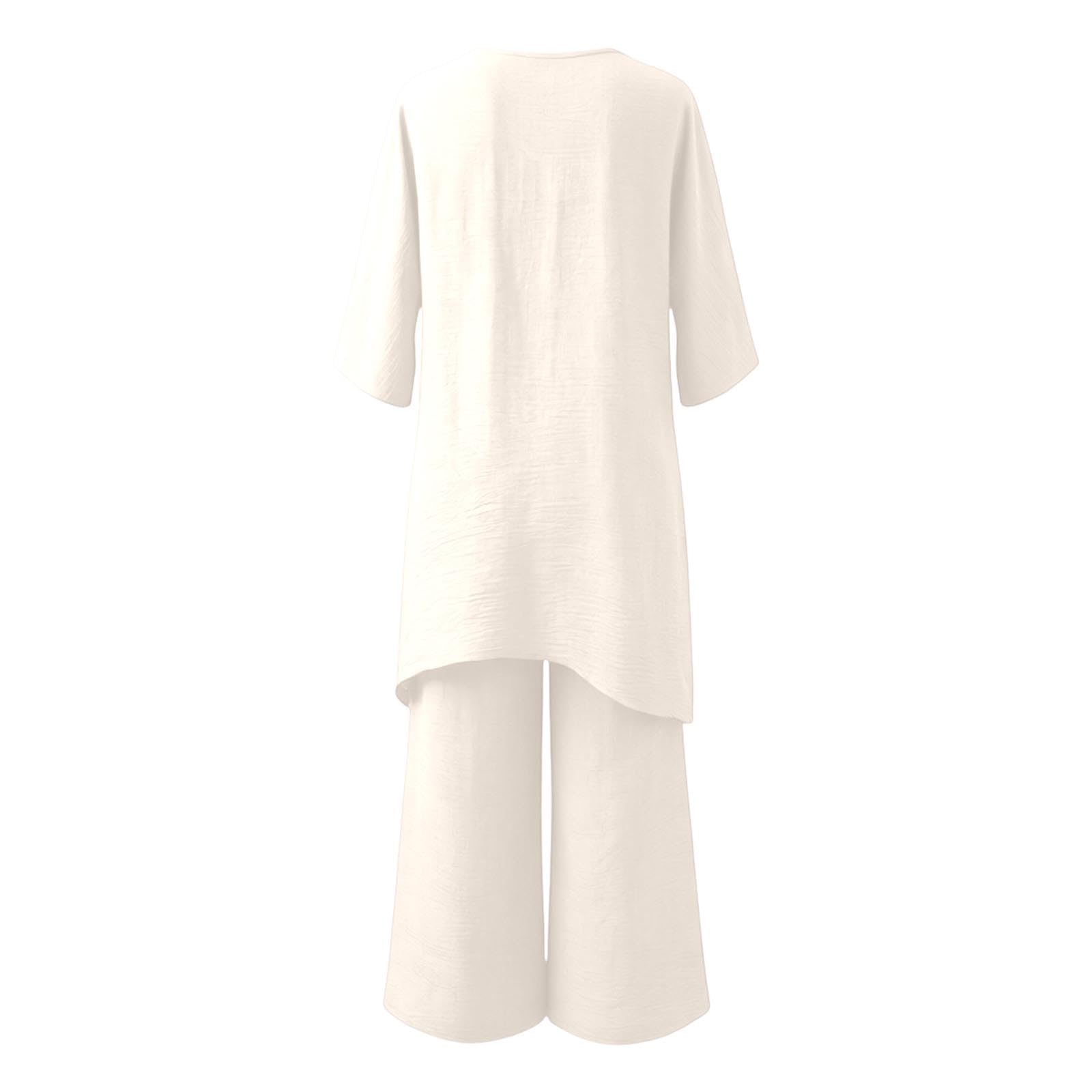 Generisch Conjunto de 2 piezas para mujer, color negro, manga 3/4 con cuello redondo, pantalones anchos, dobladillo asimétrico, juego de lino, elegante para el hogar, traje de madrina para boda