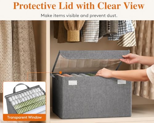 Image of Fabric Storage Box with Lid, Grey, Rectangular Organizer, 30x30x30 cm, 26 Liters Capacity, 2 Compartments