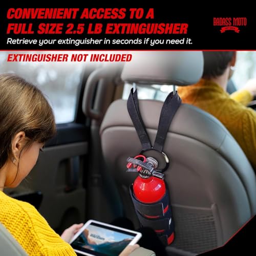Badass Moto Car Fire Extinguisher Mount - Automotive Fire Extinguisher Mount for Vehicle Car Seat Headrest - Tool Free Seat Back Strap Install. Ideal Safety Kit Accessories for Jeep, Auto,Truck & SUV