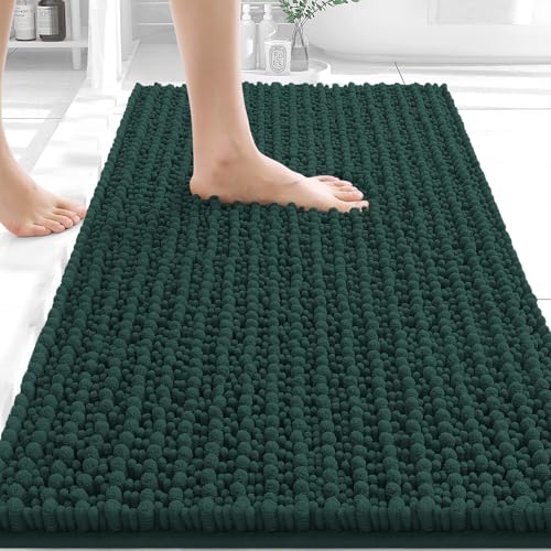Image of OLANLY Bathroom Rug Mat 30x20, Thick Soft and Absorbent Chenille Bath Mat, Non-Slip Rubber Backing, Machine Washable Quick Dry Bath Rugs for Tub Shower Floor, Home Decor Accessories, Blackish Green