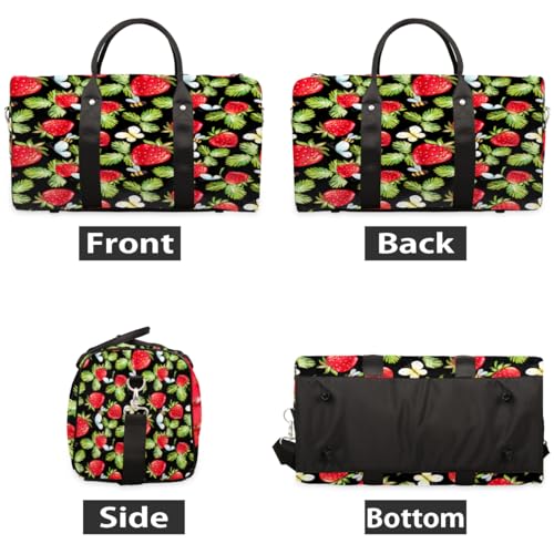 Watercolor Strawberry Leaves Travel Duffel Bag, Butterfly Bee Sports Tote Gym Bag, Foldable Weekender Overnight Bag, Luggage Handle Bag for Women Men2