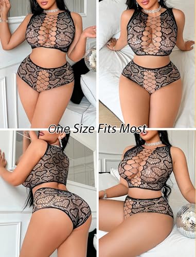 Image of Avidlove Womens Fishnet Lingerie Set Sexy Two Piece Lingeries Hollow Out Stripper Outfit Heart Print Mesh Crop Tops