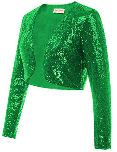 Belle Poque Women's Glitter Blazer Plus Size Sparkly Sequin Bolero Jacket Long Sleeve Open Front Cardigans for Dress (Green,2XL)