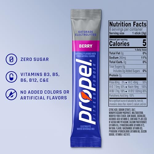 Image of Propel Electrolyte Powder Drink Mix, Berry, (32 Servings), Zero Sugar, Enhanced Water Beverage, Gatorade Electrolytes, Vitamins, No Added Colors, No Artificial Flavors, Hydration