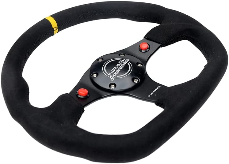 Miniatura 3 de NRG Innovations NRG-RST-024D-MB-SA-Y Volante Reforzado 12.598 in Sport Alcantara Botones Doble Parte Inferior Plana con Marca Central Amarilla