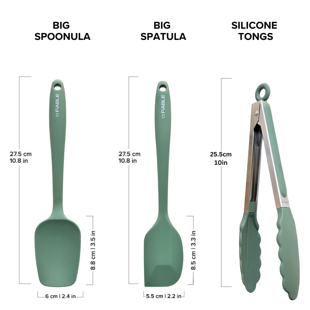 FiABLE Juego de espátulas y pinzas de silicona de alta calidad, resistentes al calor, diseño sin costuras, juego de 3, pinzas y espátulas verdes