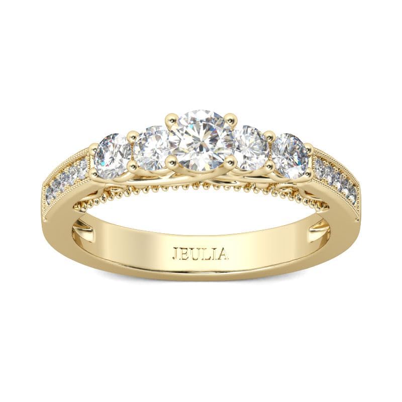Jeulia 9ct Gold Engagement Rings for Women Five Stone Round Cut 925 Silver Diamond Wedding Rings Promise Eternity Stacking Rings Classic Retro Bridal Set Jewelry with Giftbox (Yellow N-)