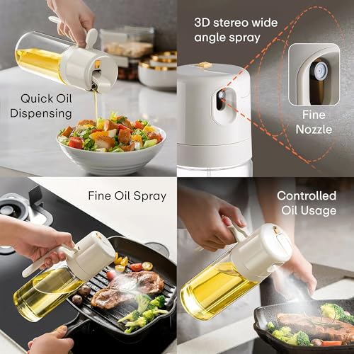 Image of PRIME PICK - Glass Oil Sprayer and Dispenser Bottle, 500ml Capacity, 2-in-1 Design with Fine Mist Nozzle, Leakproof Dual-Lock Lid, Wide Mouth Refill, BPA-Free Dispenser for Air Fryer, BBQ, Baking