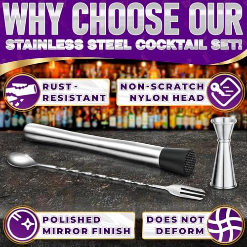Image of finality Mojito Muddler Bar Tool Set, 3 PCS Cocktail Set Mixing Tools Stainless Steel Cocktail Muddler with Cocktail Spoon Long Handle and Jigger for Mojitos Fruit Drinks (Fork Spoon Jigger Set)