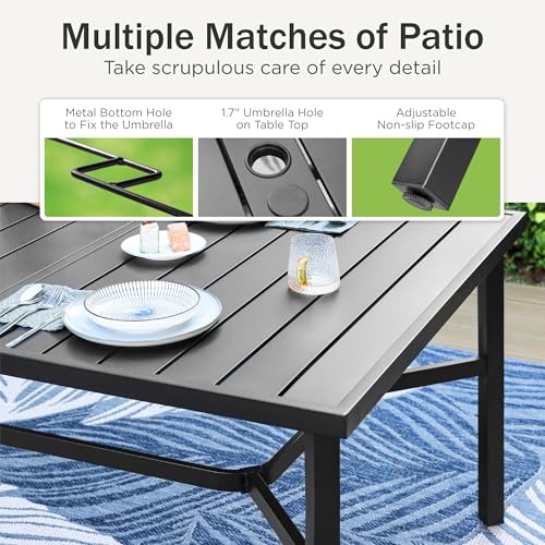 Image of PHI VILLA 9 Pcs Outdoor Dining Set, 83 inch Rectangular Metal Table, Black | Metal Table with Umbrella Hole & Stackable Black Wrought Iron Chairs,Patio Furniture Set for Patio, Deck, Yard, Porch