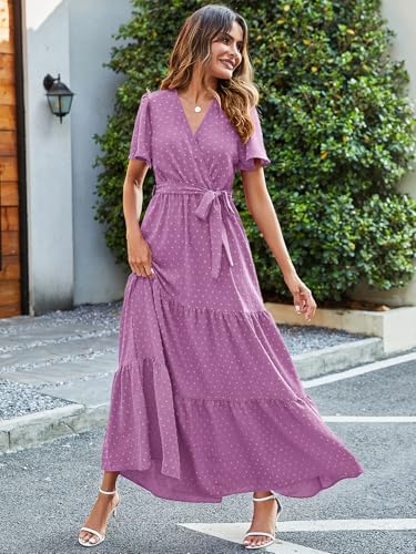 Image of MASCOMODA Women Boho Swiss Dot Maxi Dresses Wrap V Neck Flutter Short Sleeve Solid Tie Waist A Line Tiered Flowy Long Dresses