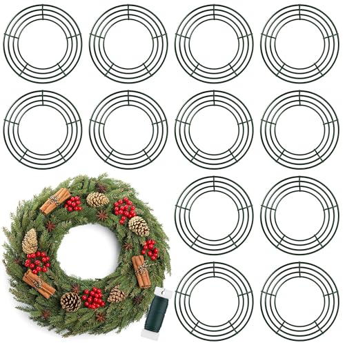 Fovths 12 Pack Christmas Wire Wreath Ring 12 Inches Metal Wire Wreath Frame with Floral Wires Green DIY Floral Crafts for Xmas Halloween New Year Holiday Valentines Day Decor