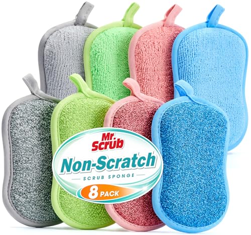 Image of Mr. Scrub Sponges Kitchen Dish Sponge for Washing Dishes Cleaning Kitchen, 8 Pack, Non Scratch, Rough Scrubbers Side for Non-Stick Cookware, Soft Microfiber Scrub Side for Dishes, Multicolor