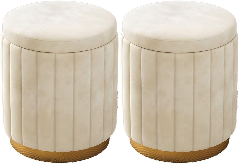 Tabouret Repose-Pieds de Rangement – ​​Tabouret de vanité Rond avec Base en métal, siè rembourré pour Salon Chambre à Coucher, Chaise Repose-Pieds Polyvalente