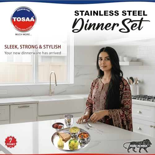 Image of TOSAA Stainless Steel Dinner Set Deluxe Classic Shape- 5 PCS Set Stainless Steel Dinner Set |Includes Plate, Curry Bowls, Side Plate, Glass & Spoon | Silver