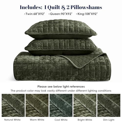 PHF Luxurious Velvet Quilt Set King Size – 3PCS Super Soft Quilted Comforter Alternative with Square-Box Quilt Pattern, Warm Quilted Bedspread Coverlet, 108\" x 92\", Smokey Olive
