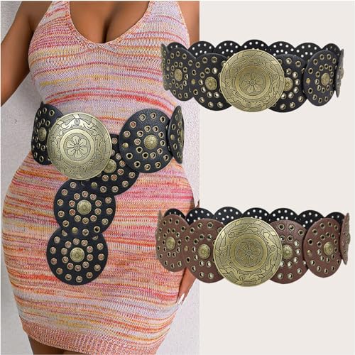 Wide Disc Belt for Women PU Leather Hollow Out Round Belts Vintage Western Waist Belt Versatile Metal Wide Belt2
