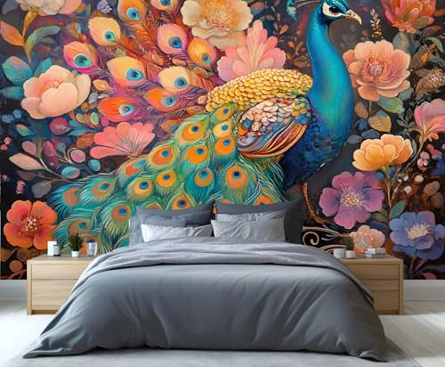 YXQAIED Papel pintado de pavo real, flores de pavo real, papel pintado de animales orientales para dormitorio, sala de estar, no autoadhesivo, decoración del hogar, murales de pared 3D, 100 x 70 cm