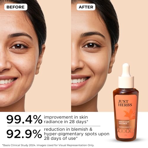 Image of Just Herbs Radiant Glow Face Serum | Vitamin C Face Serum for Women | 15% Vitamin C, Niacinamide & Glutathione Complex | Radiant Skin in 28 Days | Fights Signs of Ageing | Clinically Proven - 30ml