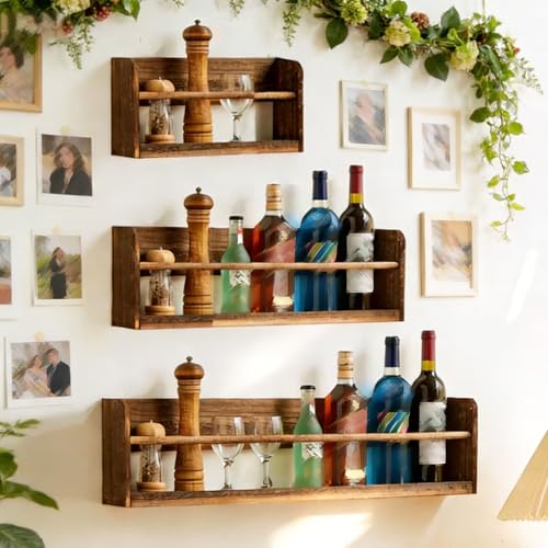 Estanteria Pared Flotantes de Madera, Baldas Flotantes Pared de Almacenamiento, Organizador de Pared for Botellas de Vino, Especias y Utensilios de Cocina