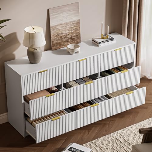 Image of MAISONARIA White 9 Drawer Dresser for Bedroom, 63 inch Wide Modern Fluted Dresser with Gold Metal Handles, Chest of Drawers for Bedroom, Living Room, Entryway, Hallway