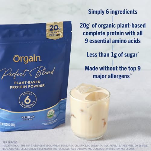 Image of Orgain Organic Vegan Perfect Blend Protein Powder, 20g Clean Plant Protein, 6 Ingredients, <1g Sugar, Gluten Free, Non-GMO; No Artificial Flavors, Stevia Extract, Dairy or Soy Ingredients- Vanilla