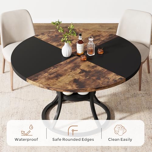 Condemo 47'' Round Dining Table for 4-6, Farmhouse Dining Room Table with Storage Shelf, Space-Saving Kitchen Table with Metal Base for Kitchen & Dining Room, Table Only (Rustic Brown and Black)