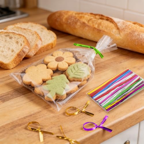 200 Stück Cellophantüten Klein, 10x15 cm Zellophantüten Tütchen Transparent Kleine Tüten für Süßigkeiten Zellophanbeutel mit 200 bunten Krawatten für Brot Kekse Kindergeburtstag Gastgeschenke Tütchen