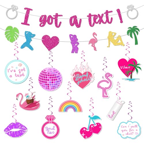 Love villa Island Party Decorations I Got A Text! Glitter Banner Hanging Swirls Neon Flamingo Disco Themed Bach Island Party Supplies for Bachelorette Party Decorations