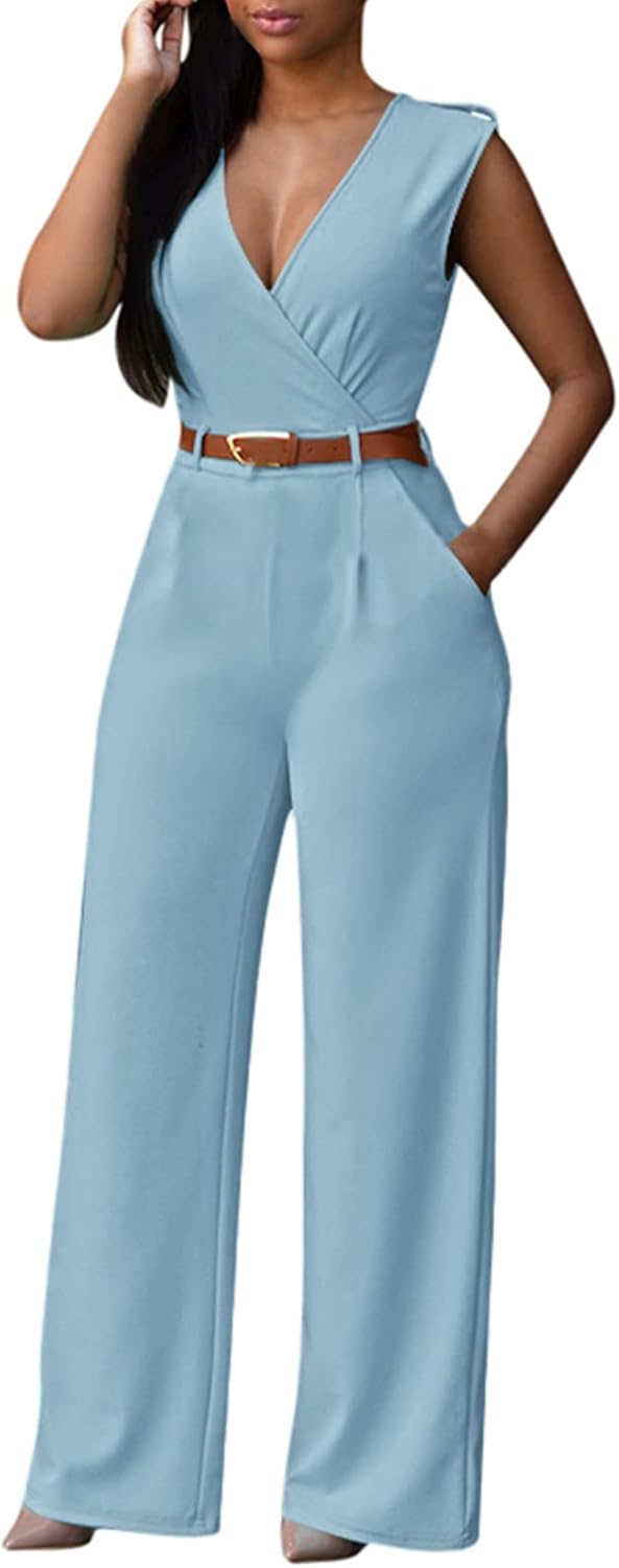 Pink Queen Jumpsuits for Women Dressy V Neck Sleeveless Wide Leg Long Pants Rompers