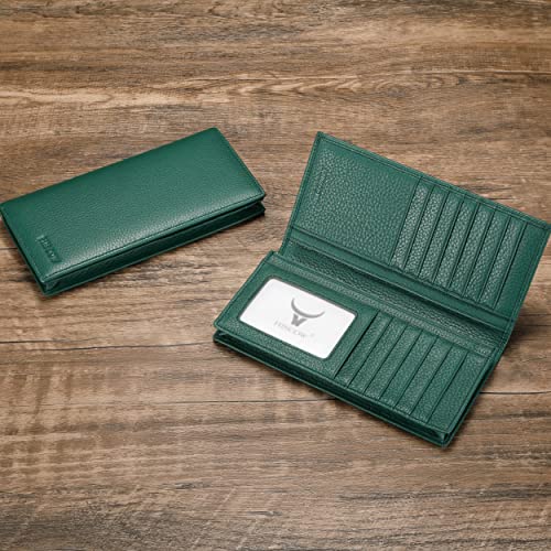 Image of HISCOW Bifold Long Wallet with 15 Credit Card Slots - Italian Calfskin, Pebbled Green, 6.97 inchH x 3.5 inchW x 0.98 inchD, Italian Style