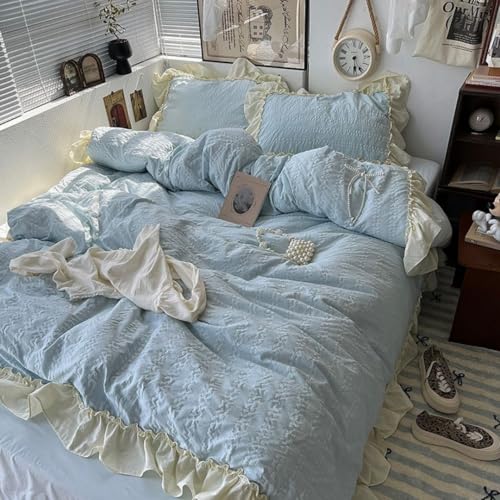 3Pcs Seersucker Comforter Cover Set Twin Blue
