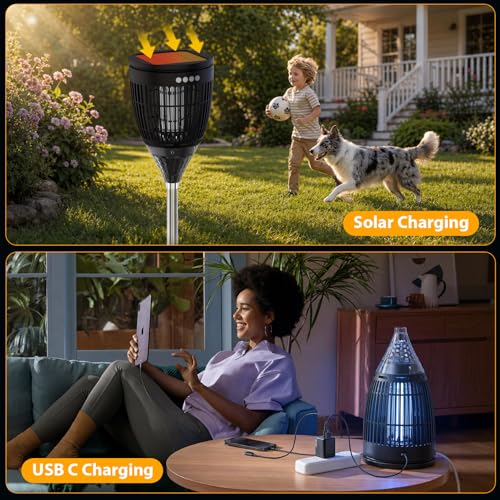 Image of Rossetta Solar Bug Zapper Outdoor, Fly Zapper with Flame & Projector Light | 4200V Shock Grid, Solar & USB Charging, IPX5 Waterproof, Auto Mode, Cordless Electric Mosquito Killer for Patio, Garden