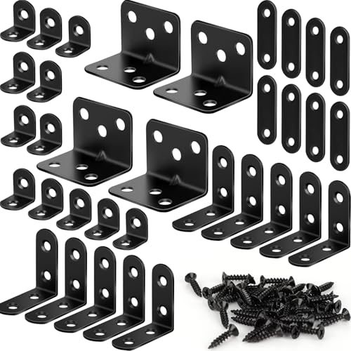 Image of 34 Pack L Bracket Corner Brace Kit, 4 Sizes Stainless Steel L Brackets for Wood Shelves, 90 Degree Right Angle Bracket, Black Metal Corner Brackets for Furniture Cabinet Drawer Chair with 104 Screws